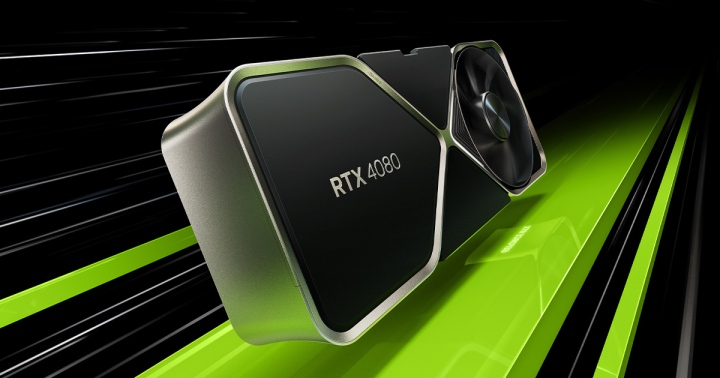 Siyah ve yeşil bir arka plan üzerinde yeni Nvidia GeForce RTX 4080 GPU.