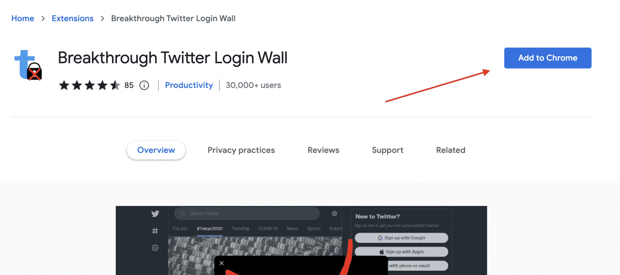 Chrome'da Breakthrough Twitter Giriş Duvarı'nı yükleyen düğme