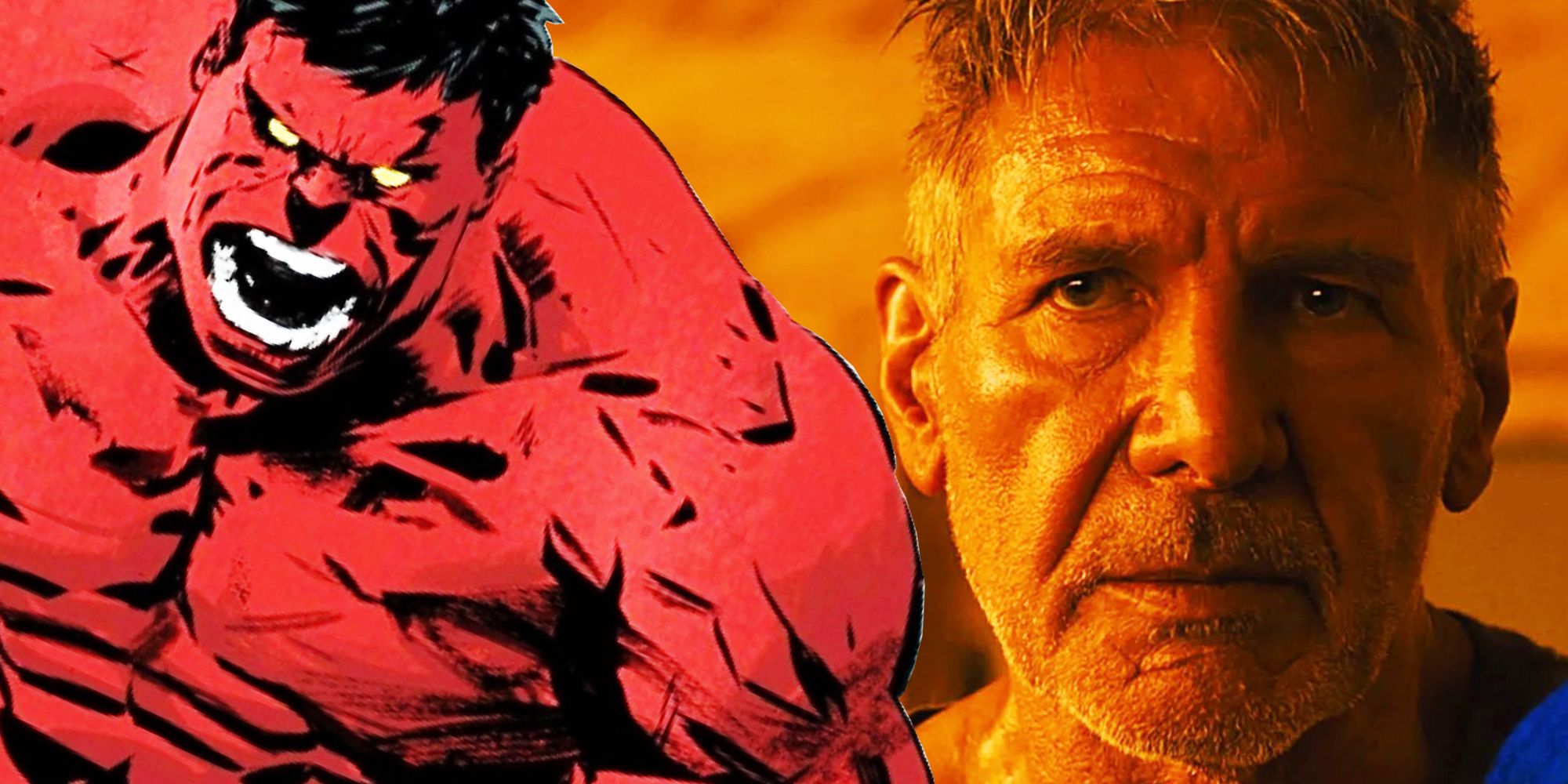 Blade Runner 2049'da tarafsız görünen Deckard rolünde Harrison Ford'un ve kızgın görünen Red Hulk çizgi romanının harmanlanmış görüntüsü