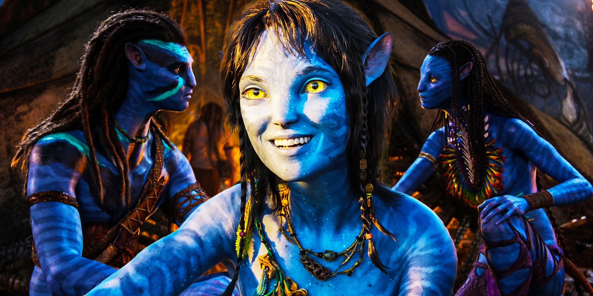 Jake ve Neytiri, Avatar Way of Water'da genç bir kız gülümserken arka planda konuşurken 