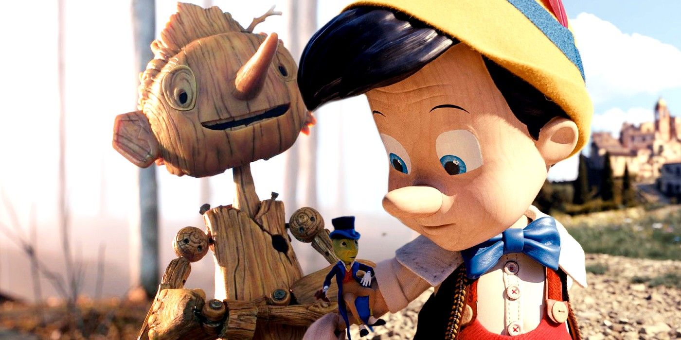 Eline bakan Disney Pinokyo'su ile daha ahşap bir figür gibi gülümseyen Netflix Pinokyo'sunun harmanlanmış görüntüsü