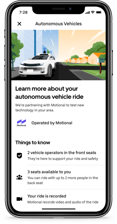Motional AV'de bir yolculuğu onaylamak için kaydolma istemini gösteren Uber uygulaması