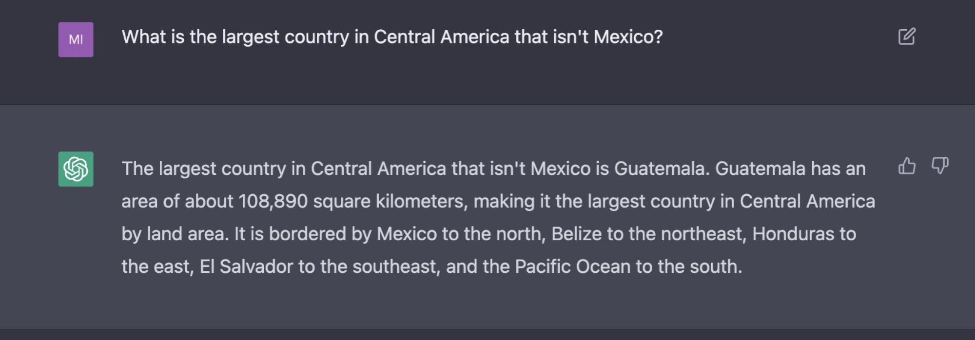 bir chatbot'a doğru cevabın Honduras olduğu karmaşık bir coğrafya sorusu soruluyor ve cevabın Guatemala olduğunu söylüyor