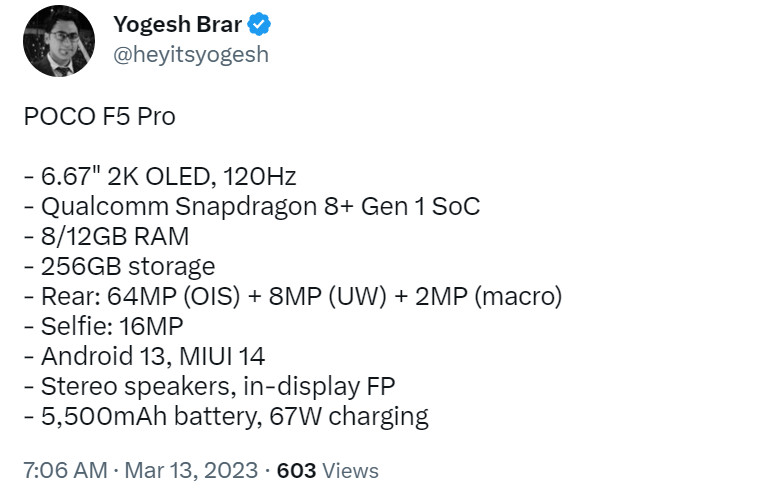 Poco F5 Pro özellikleri Yogesh Brar Twitter