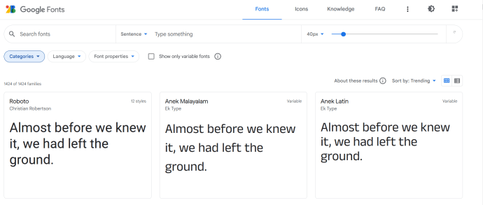 Google Yazı Tipleri Ana Sayfası