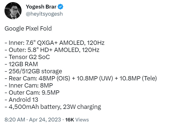 Yogesh Brar Pixel Fold özellikleri Twitter
