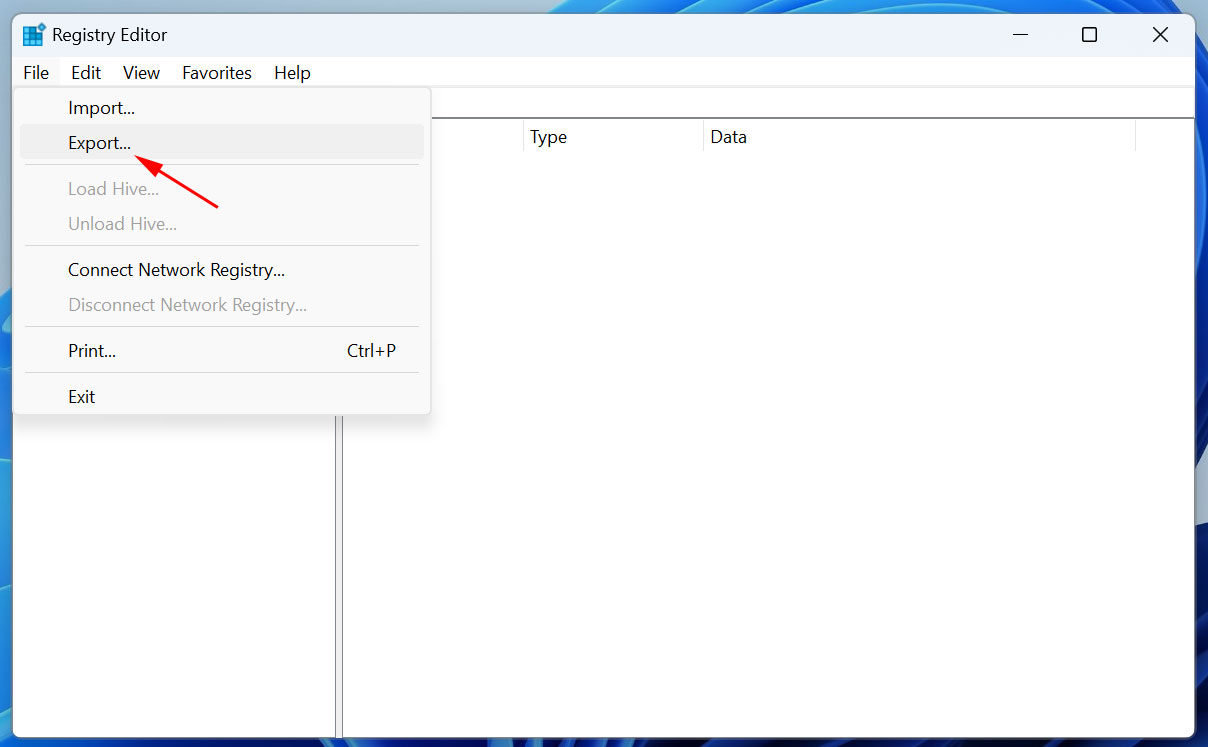 Windows Kayıt Defteri Düzenleyicisi'nde Dışa Aktar seçeneğini belirleyin