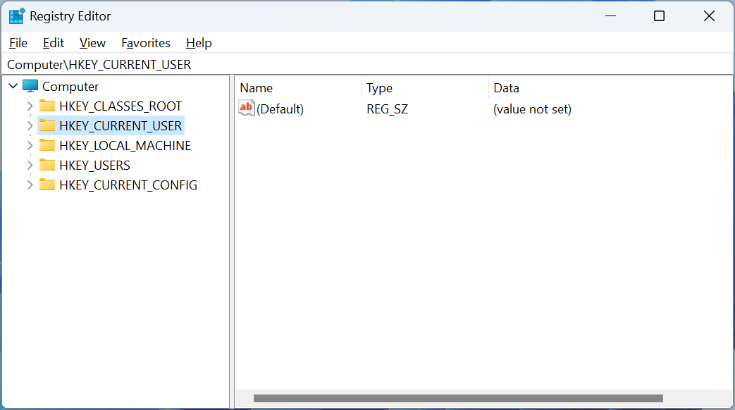 Beş kök anahtarı gösteren Windows Kayıt Defteri Düzenleyicisi