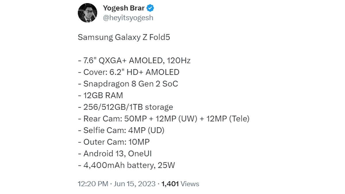 Samsung Galaxy Z Fold 5 teknik özellikleri sızıntısı Yogesh Brar