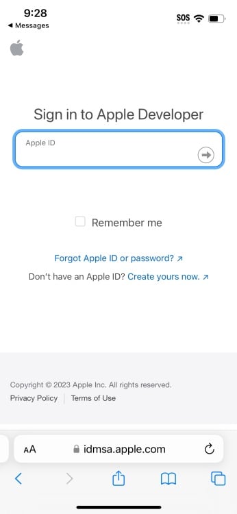 Apple geliştirici sitesindeki Apple Kimliği giriş sayfası