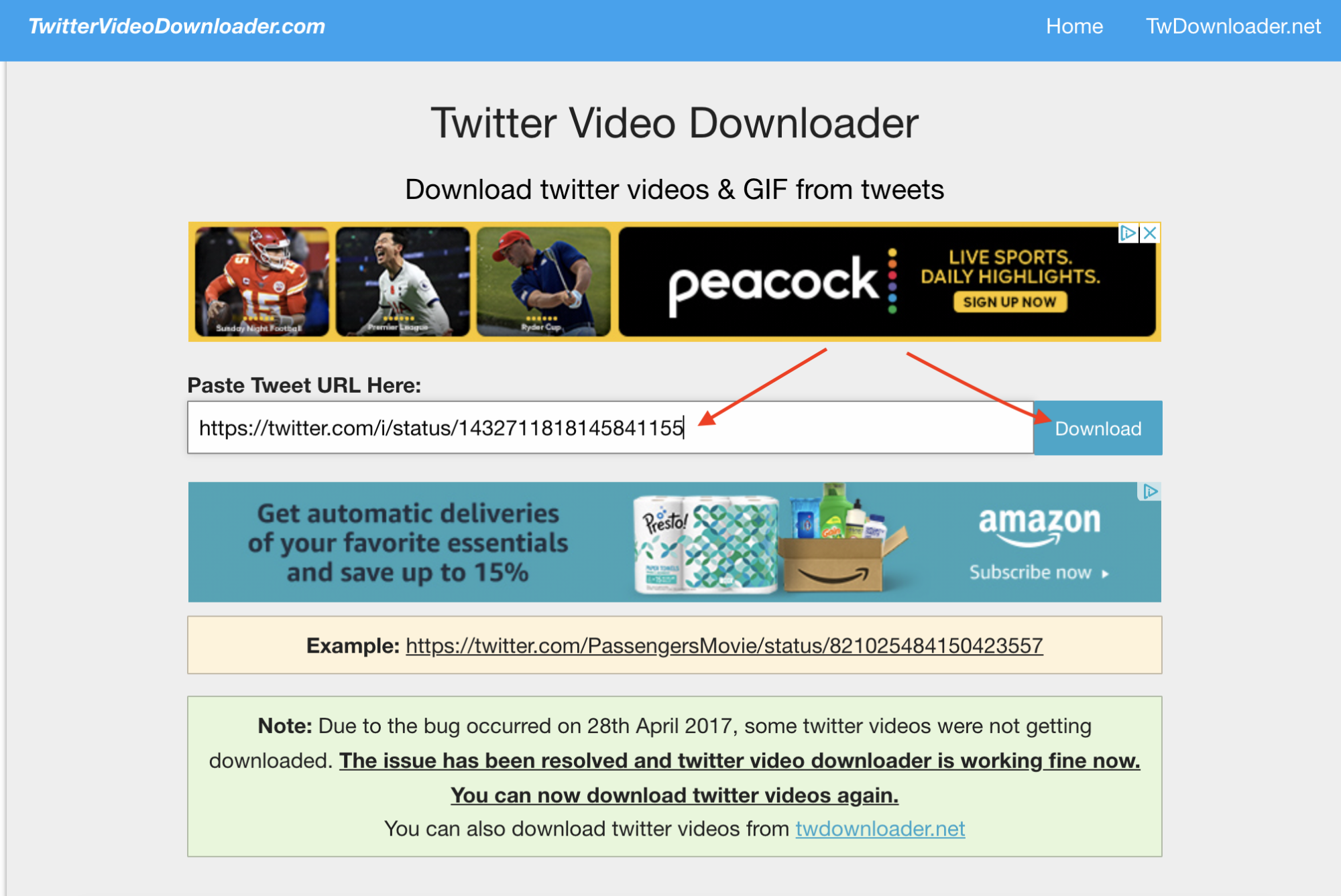 Twittervideodownloader.com'un ekran görüntüsü.