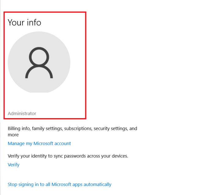 Windows 10 Kullanıcı Bilgileri sayfası