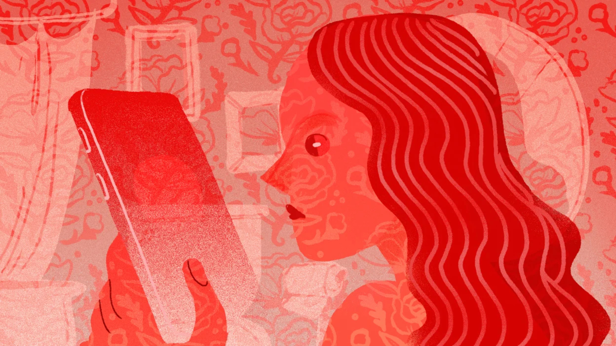 Tamamen kırmızı tonlarda, akıllı telefona bakan bir kadının illüstrasyonu.