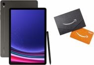 Amazon hediye kartının yanında Samsung Galaxy Tab S9'un ön ve arka görünümleri