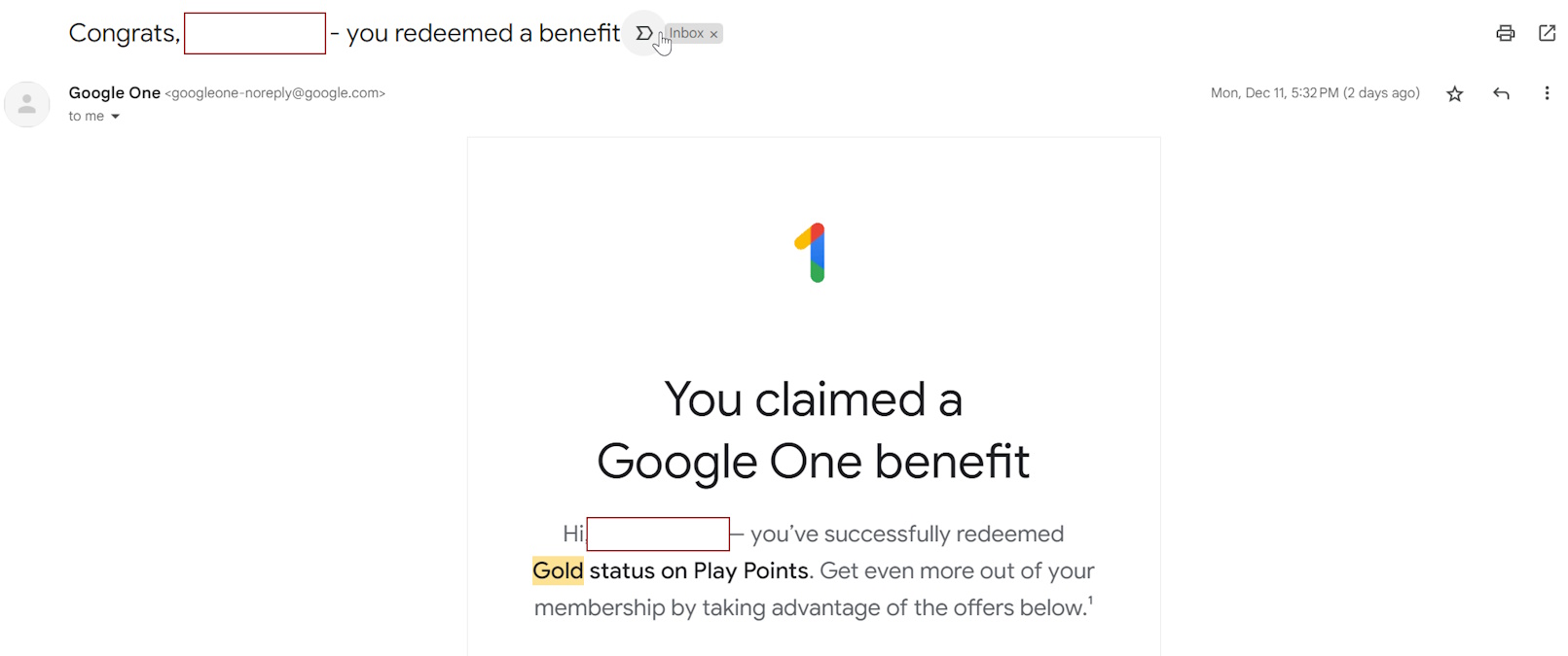 Google One 2 TB üyelik avantajı Gold Play Points