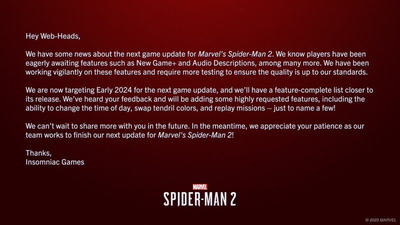 Marvel’s Spider-Man 2 New Game Plus, Sesli Açıklamalar Gelecek Yıla Ertelendi