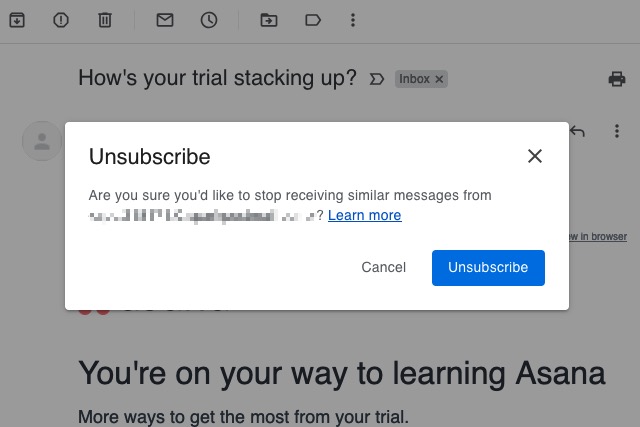 Gmail'deki abonelikten çıkma onay mesajı.