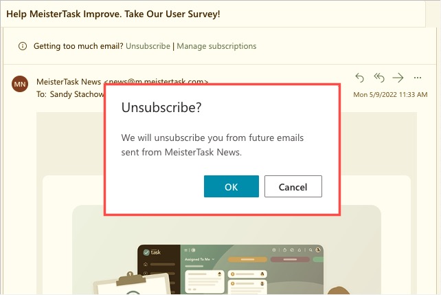 Outlook'ta abonelikten çıkma onay mesajı.