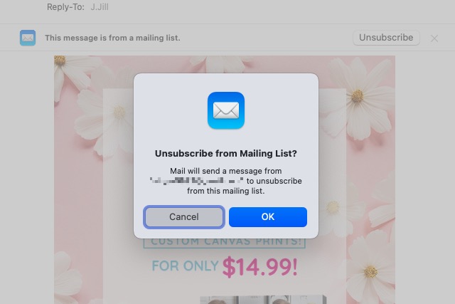 Apple Mail'deki abonelikten çıkma onay mesajı.