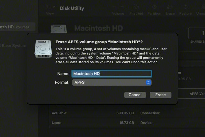 Apple'ın Disk Yardımcı Programı uygulaması, Macintosh HD sürücüsünü silme seçeneğini gösteriyor.