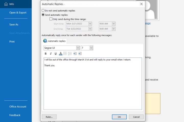 Outlook'ta mesaj oluşturmak için Otomatik Yanıtlar penceresi.