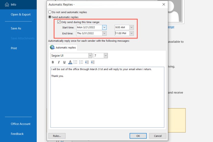 Outlook'ta Otomatik Yanıtlar için başlangıç ​​ve bitiş tarihleri ​​ve saatleri.