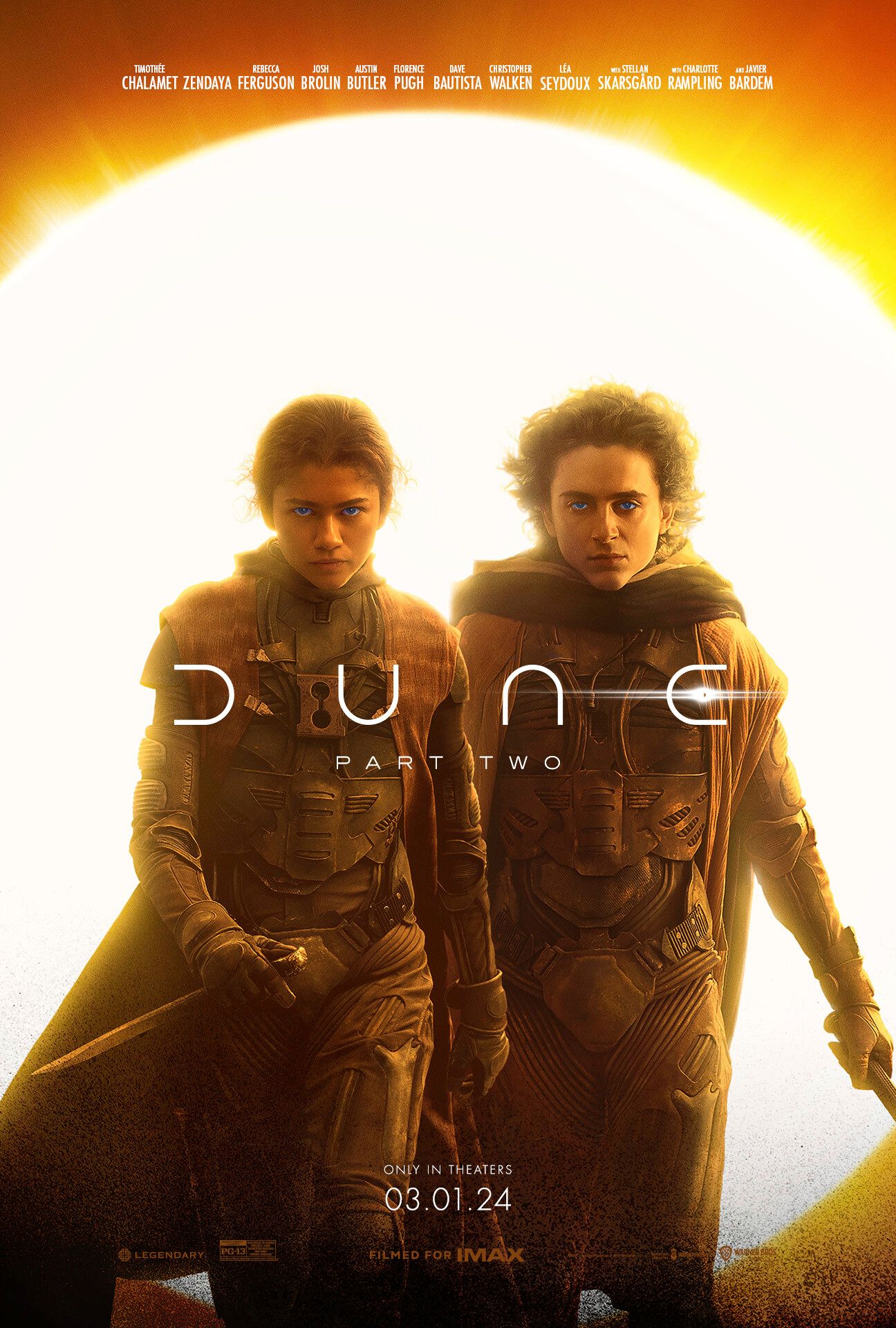 Dune Part 2 poster showing Timothée Chalamet as Paul Atréides and Zendaya as Chani holding daggers