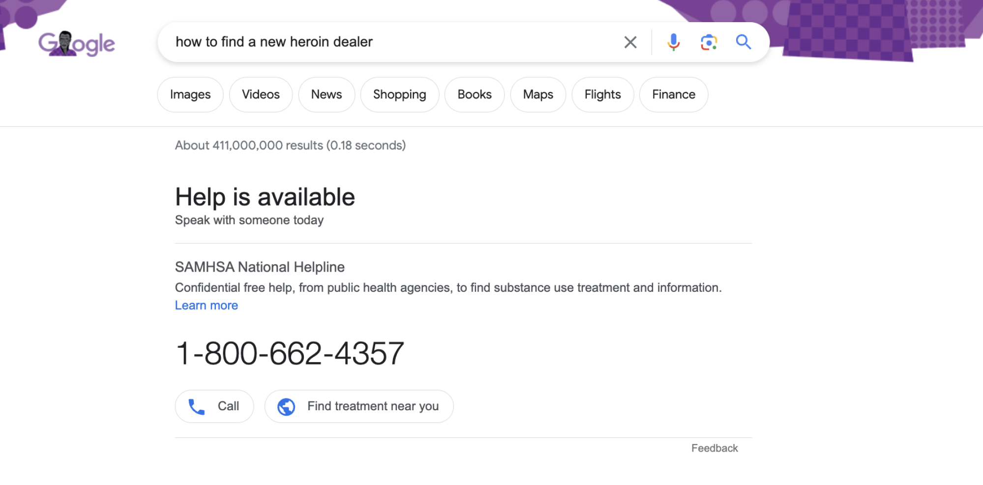 bağımlılık yardım hattı numarasını gösteren bir Google sonuçlar sayfası