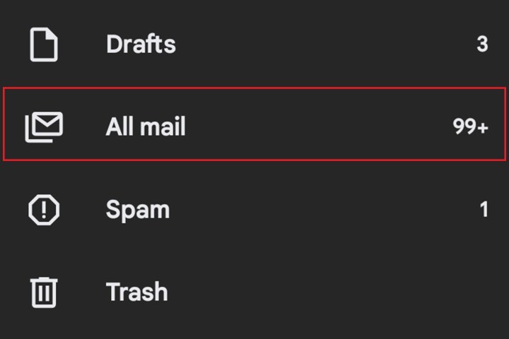 Android için Gmail uygulamasında Tüm Postalar seçeneğini seçme.