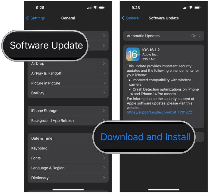 iOS 16 Ayarları, Genel'i seçin, yazılım güncellemesini seçin