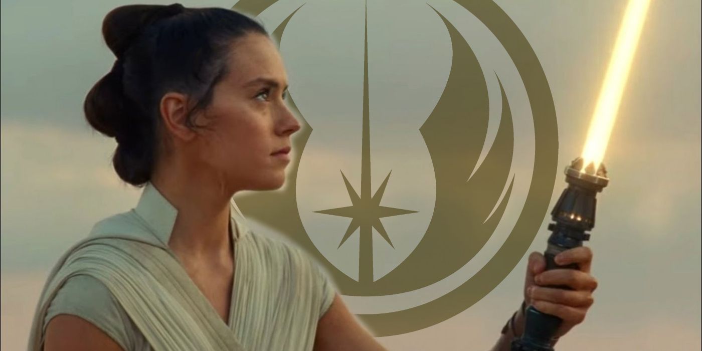 Rey, The Rise of Skywalker'da Jedi Order logolu Tatooine'deki ateşlenmiş sarı ışın kılıcına bakıyor
